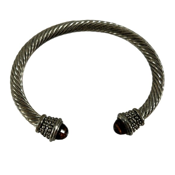 Twisted Cable Cuff Bracelet Silver Tone Open Bangle Faceted Red Imitation Stone - Picture 2 of 9